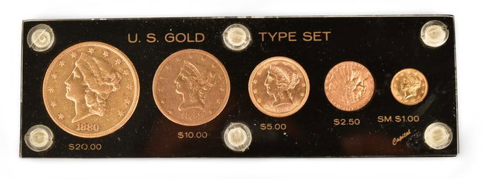 Five American Gold Coins, $20, $10, $5, $2.50 and $1
