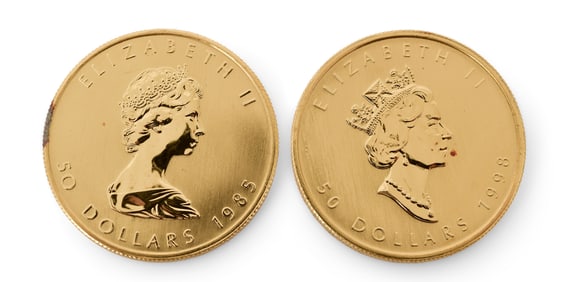 Two Canadian Elizabeth II 50 Dollar Gold Coins, 1985 & 1998