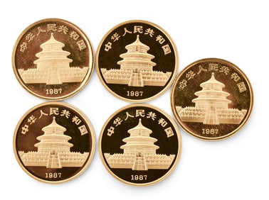 Five 1987 Panda 25 Yuan Gold Coins