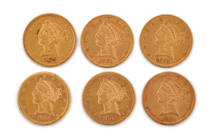 Six American Liberty Head $5 Gold Coins, 1885, 1881, 1886S, 1881, 1881 & 1852
