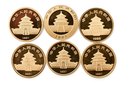 Five 1987 & One 2005 Panda 25 Yuan Gold Coins