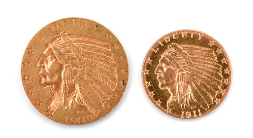 Two American Indian Head Gold Coins, $5 (1909) and $2.5 (1911)