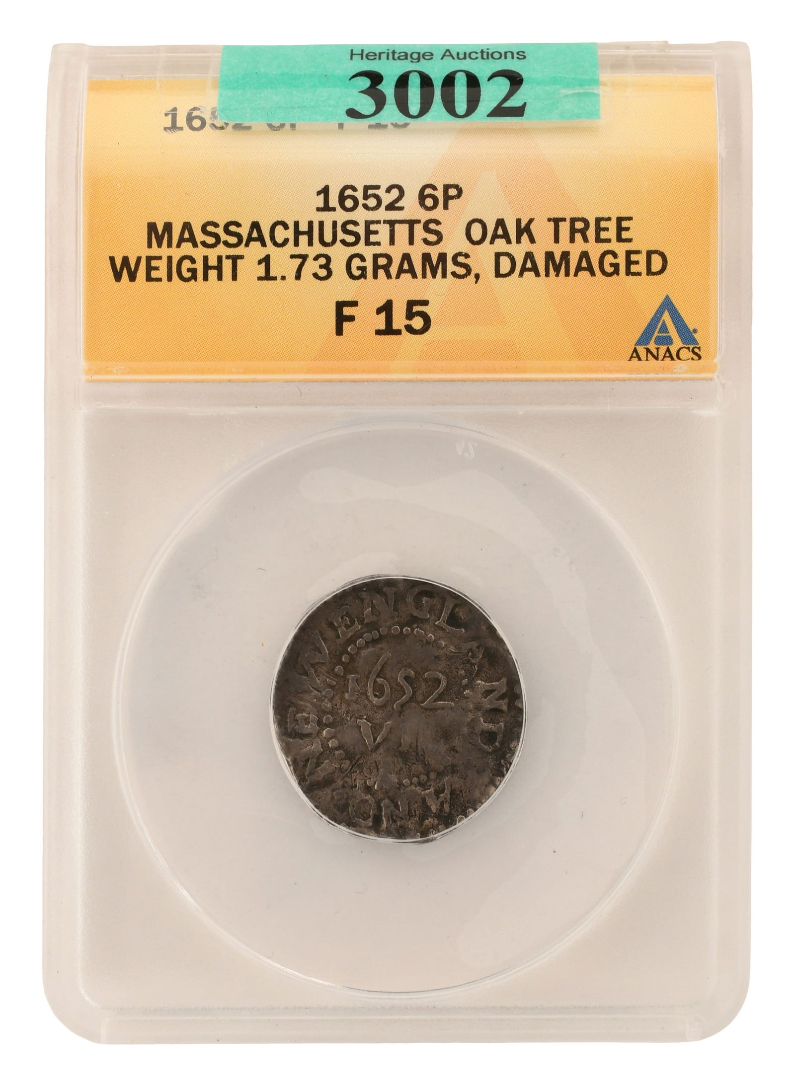 1652 6P Massachusetts Oak Tree: 1652 6P Massachusetts Oak TreeProvenance: Private Collection, FloridaOther Notes: Fontaine's Auction Gallery can arrange shipping for this item (USA only).