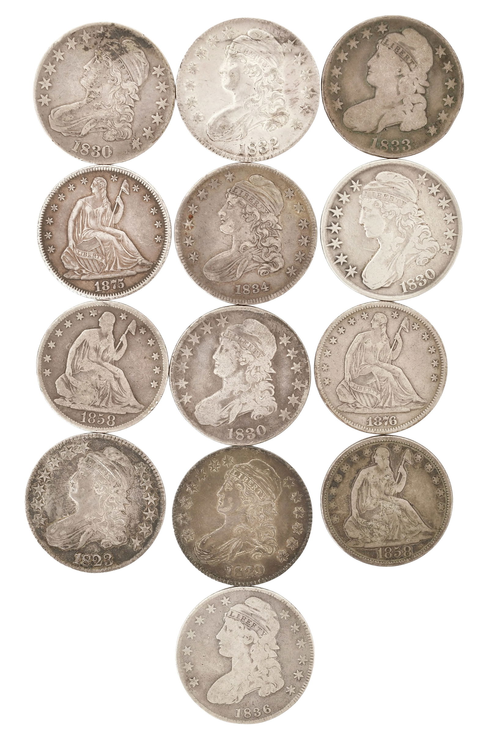 Lot of 13 Early American Silver 50 Cent Coins (1 of 2)