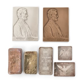 Two Abraham Lincoln Bronze Plaques by Victor David Brenner and Five Silver Bars