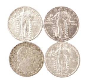 Three Standing Liberty Quarters (1918 MS-63,1927-D MS-63 & 1926) and a 1915-D Barber Silver Quarter