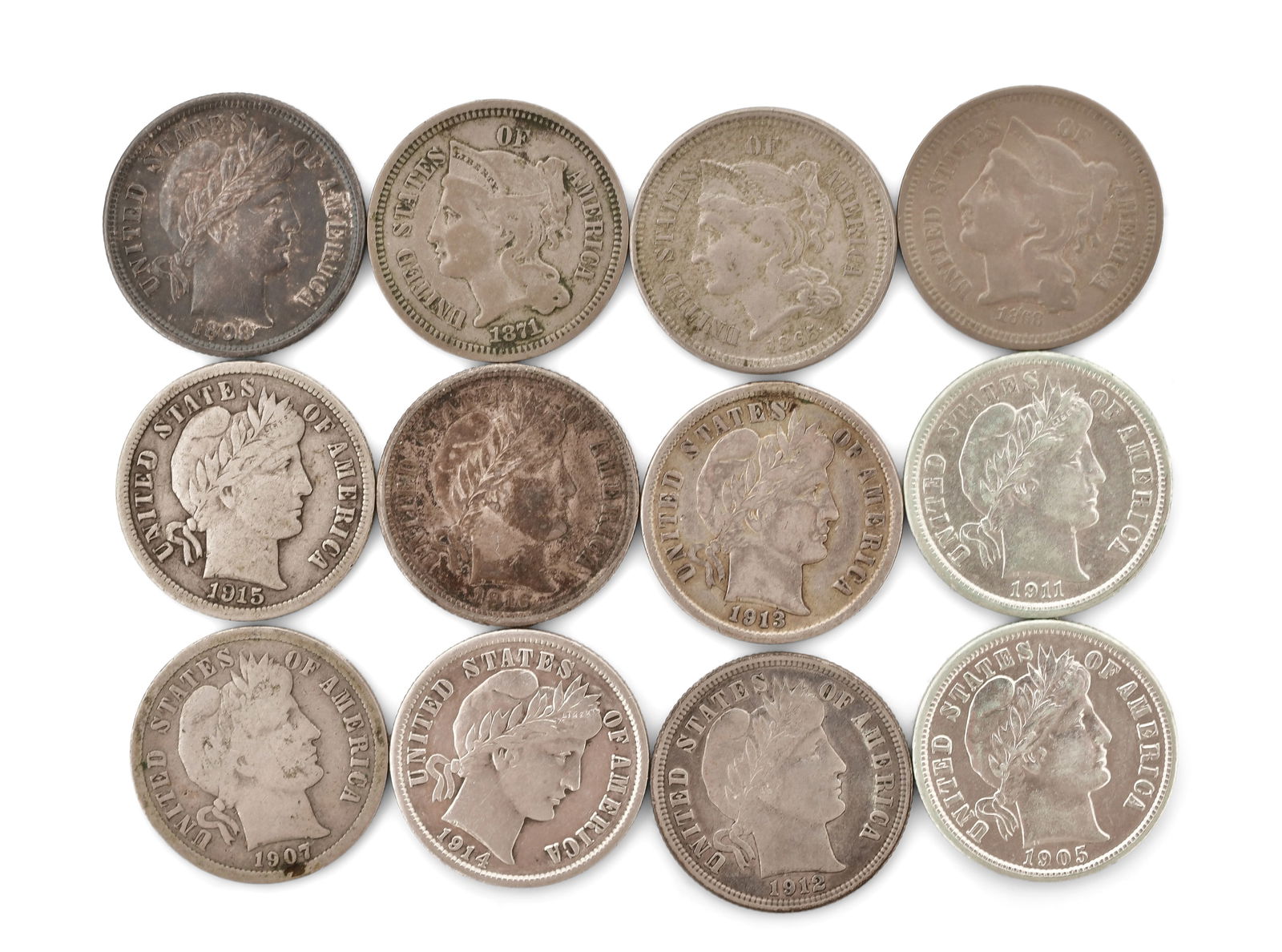 Lot of 12 Early American Silver Dimes & 3 Cent Nickels (1 of 2)