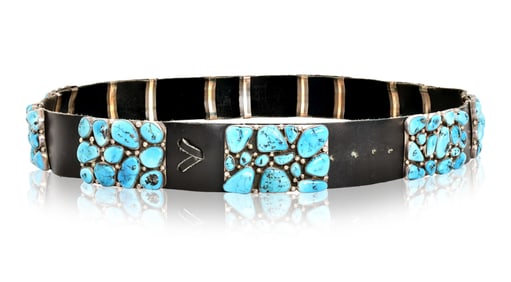 Sterling Silver, Leather & Morenci Turquoise Nugget Cluster Ten Buckle Concho Belt