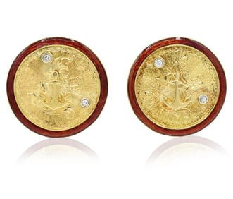 18K Yellow Gold, Diamond & Enamel Nautical Cufflinks