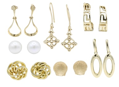 Seven Pairs of 14K Yellow Gold Earrings