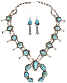 Sterling Silver & Turquoise Squash Blossom Necklace & Earrings