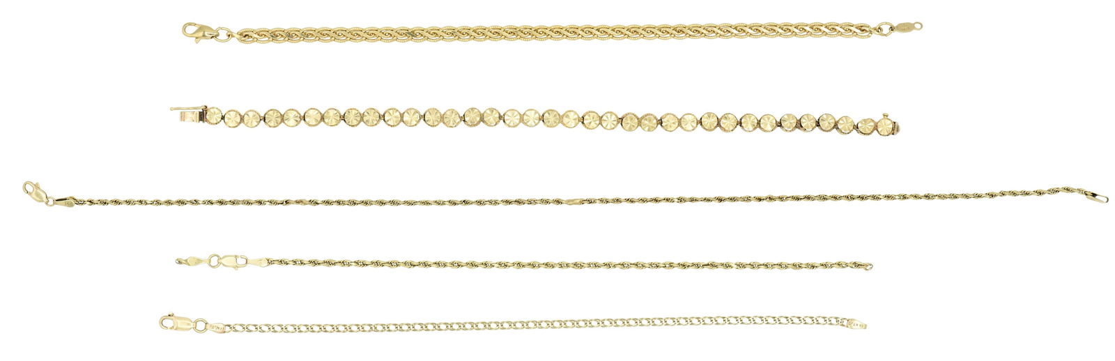 Group of Five 14K Yellow Gold Link Bracelets: Group of Five 14K Yellow Gold Link Bracelets• 11 inches (longest)• 13.1 dwt (total lot weight)Other Notes: Fontaine's Auction Gallery can arrange shipping for this item (USA only).