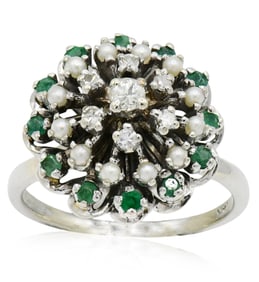 14K White Gold, Diamond, Emerald & Seed Pearl Cluster Ring