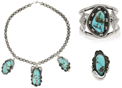 Sterling Silver & Morenci Turquoise Navajo Jewelry Suite