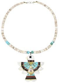 Santo Domingo Mosaic Thunderbird Pendant Necklace C. 1920s