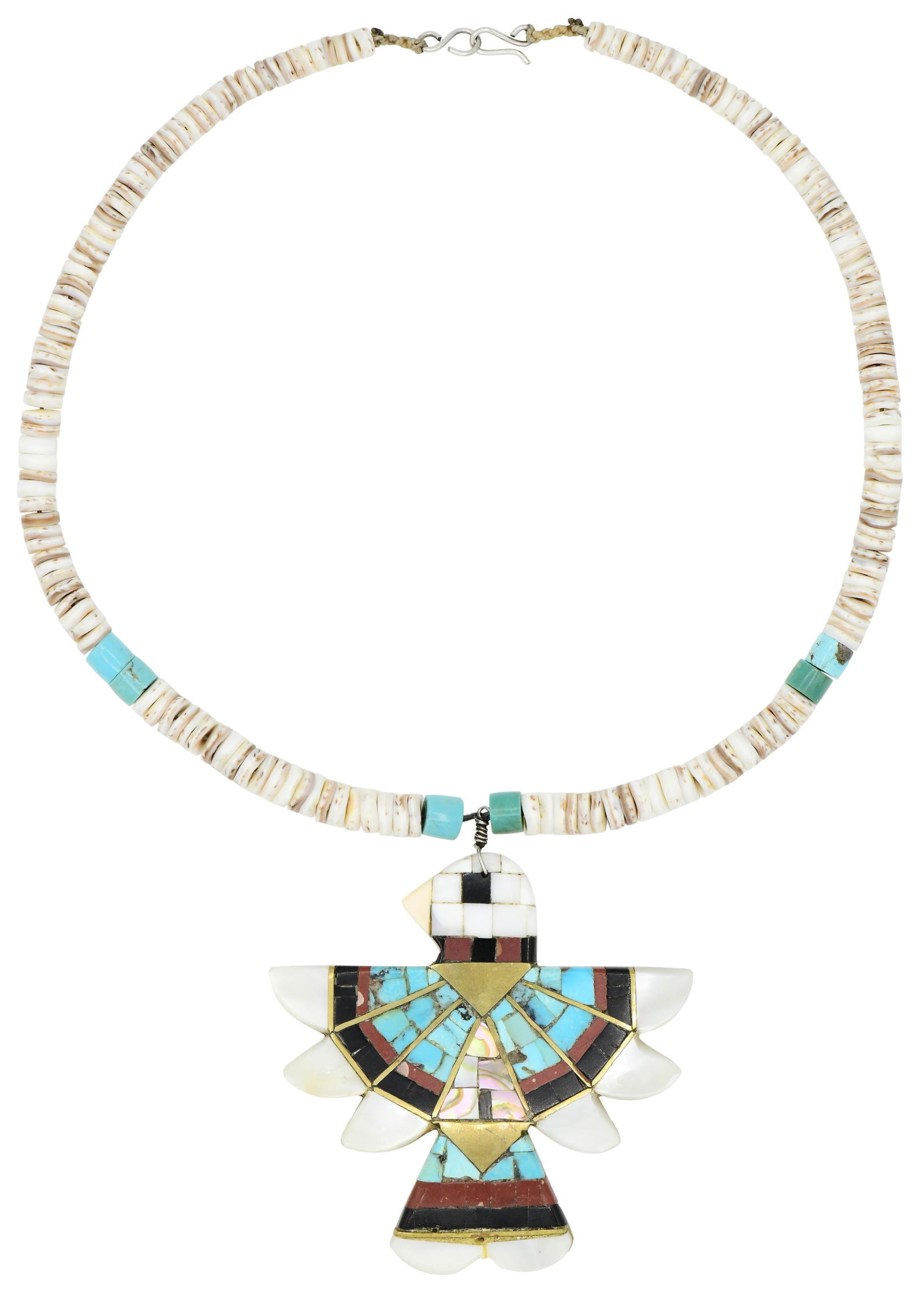 Santo Domingo Mosaic Thunderbird Pendant Necklace C. 1920s: Santo Domingo Mosaic Thunderbird Pendant Necklace C. 1920s• set with turquoise, jet, pipestone, abalone, mother of pearl, melon shell & clam shell• makers mark: M.R.• 2 3/4 inches (p