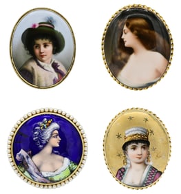 Four Yellow Gold Painted Porcelain Brooches