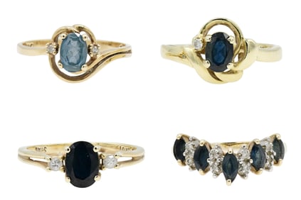 Group of Four Yellow Gold, Sapphire & Diamond Rings
