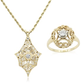 14K Yellow Gold & Diamond Pendant Necklace and Ring