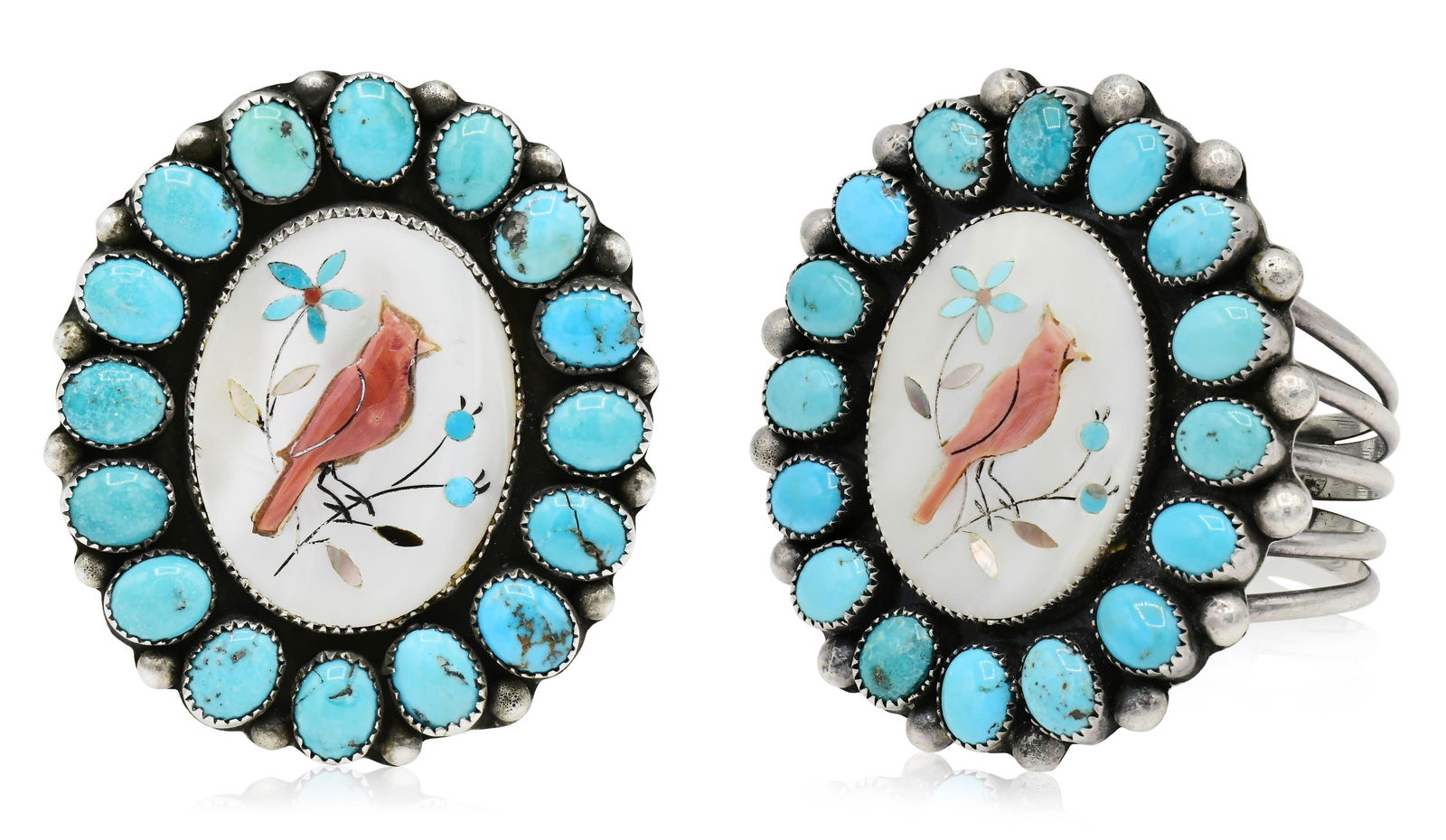 JW Sterling Silver, Turquoise, MOP, Abalone & Red Coral Demi Parure: JW Sterling Silver, Turquoise, MOP, Abalone & Red Coral Demi Parure• set with turquoise cabochons measuring approximately 10 x 8 mm• bracelet makers mark: JW• 2 5/8 x 2 1/4 x 5/8 inc