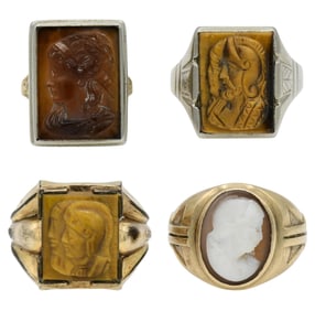 Group of Four 10K Gold Cameo Rings