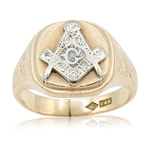14K Yellow Gold & Diamond Masonic Ring