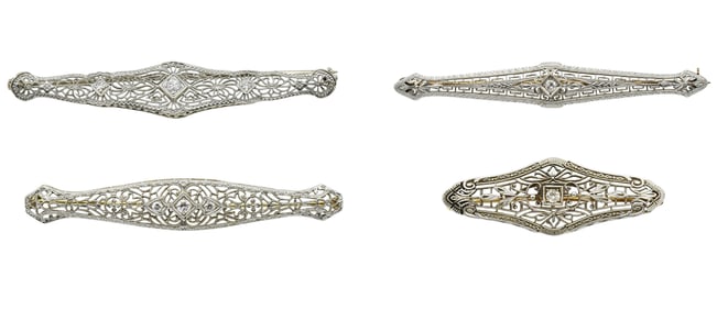 Four 14K Gold & Diamond Bar Brooches