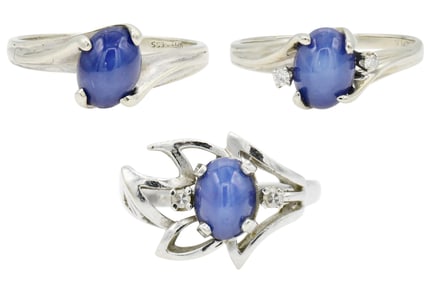 Three 14K White Gold & Blue Star Sapphire Rings