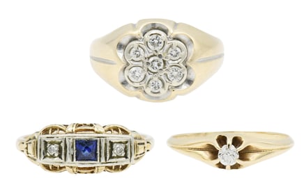 Three 14K Yellow Gold & Diamond Rings