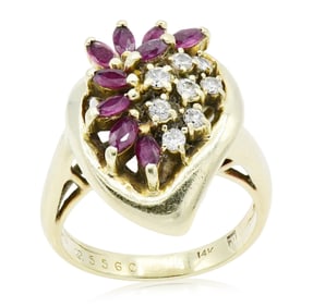 14K Yellow Gold, Diamond & Ruby Cluster Ring