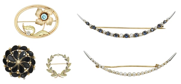 Group of Five Yellow Gold Brooches