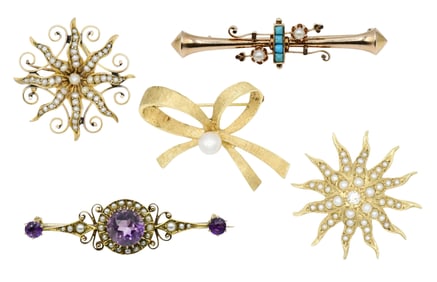 Group of Five Yellow Gold Brooches