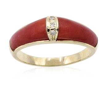 18K Yellow Gold, Red Coral & Diamond Ring