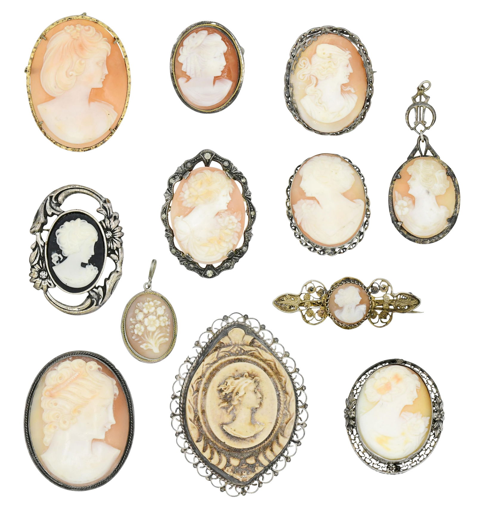 Group of Sterling Silver Cameo Brooches & Pendants (1 of 1)