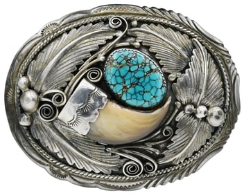 Circle J.W. Sterling Silver, Turquoise & Claw Belt Buckle