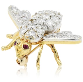 18K Yellow Gold, Diamond & Ruby Bee Brooch