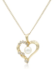 14K Yellow Gold, Diamond & Pearl Heart Pendant Necklace