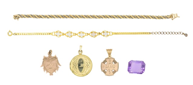 Group of Gold Jewelry & Loose Amethyst Gemstone