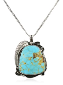 Caroline Tawangyaouma Hopi Sterling Silver & Number 8 Turquoise Feather Pendant Necklace