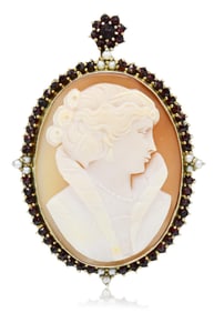 10K Yellow Gold Plated, Red Garnet & Seed Pearl Cameo Brooch/Pendant