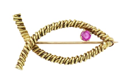 14K Yellow Gold & Ruby Brooch