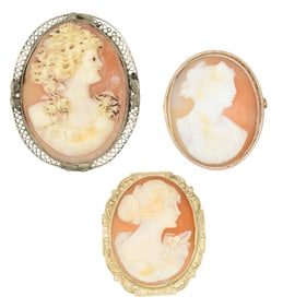 Group of Three Yellow Gold Cameo Brooches