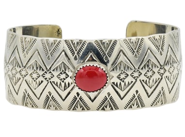 TC Sterling Silver & Red Coral Cuff Bracelet