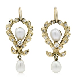 10K Yellow Gold, Diamond & Pearl Earrings