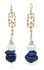 14K Yellow Gold, Blue Lapis & Baroque Pearl Earrings