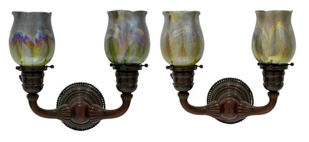 Tiffany Studios, Pair of Two-Light Sconces with "Pulled Feather" Shades