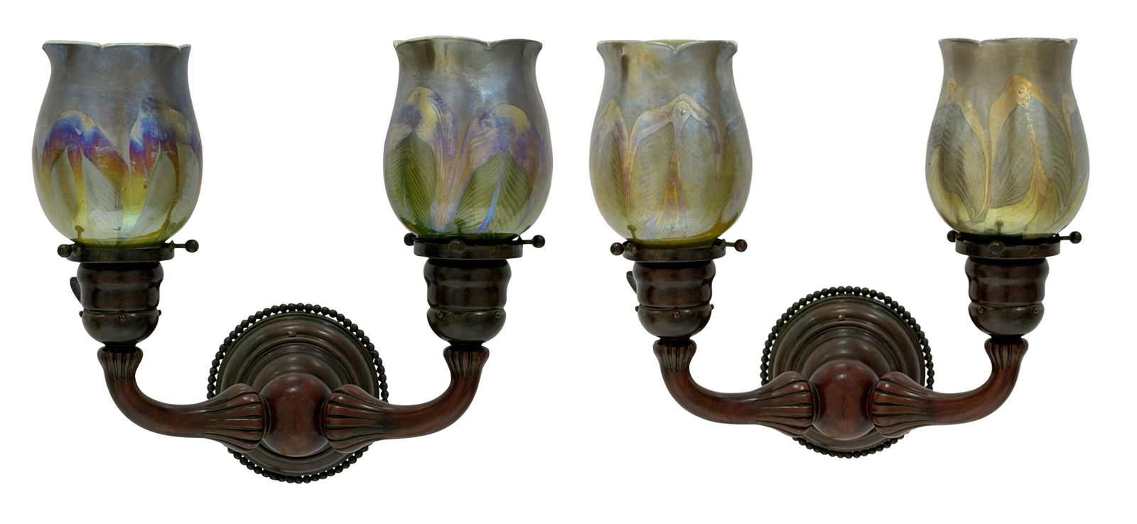 Tiffany Studios, Pair of Two-Light Sconces with "Pulled Feather" Shades (1 of 16)