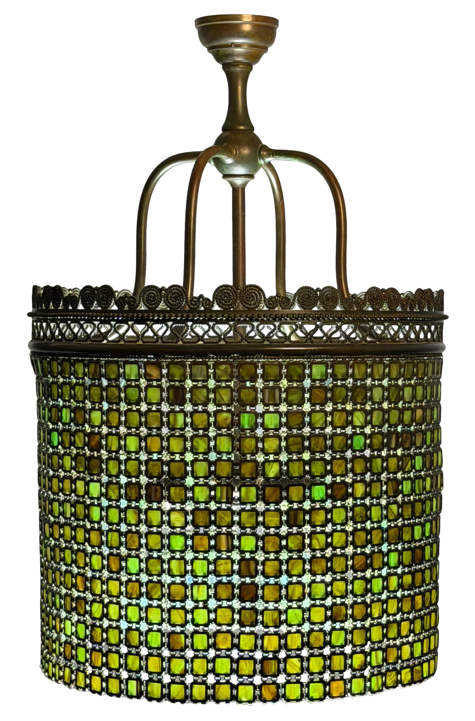 Tiffany Studios, A Large "Chain Mail" Chandelier: Tiffany StudiosA Large "Chain Mail" Chandeliercirca 1905-1910favrile glass, patinated bronze30 x 18 inchesProvenance: Important Private Collection