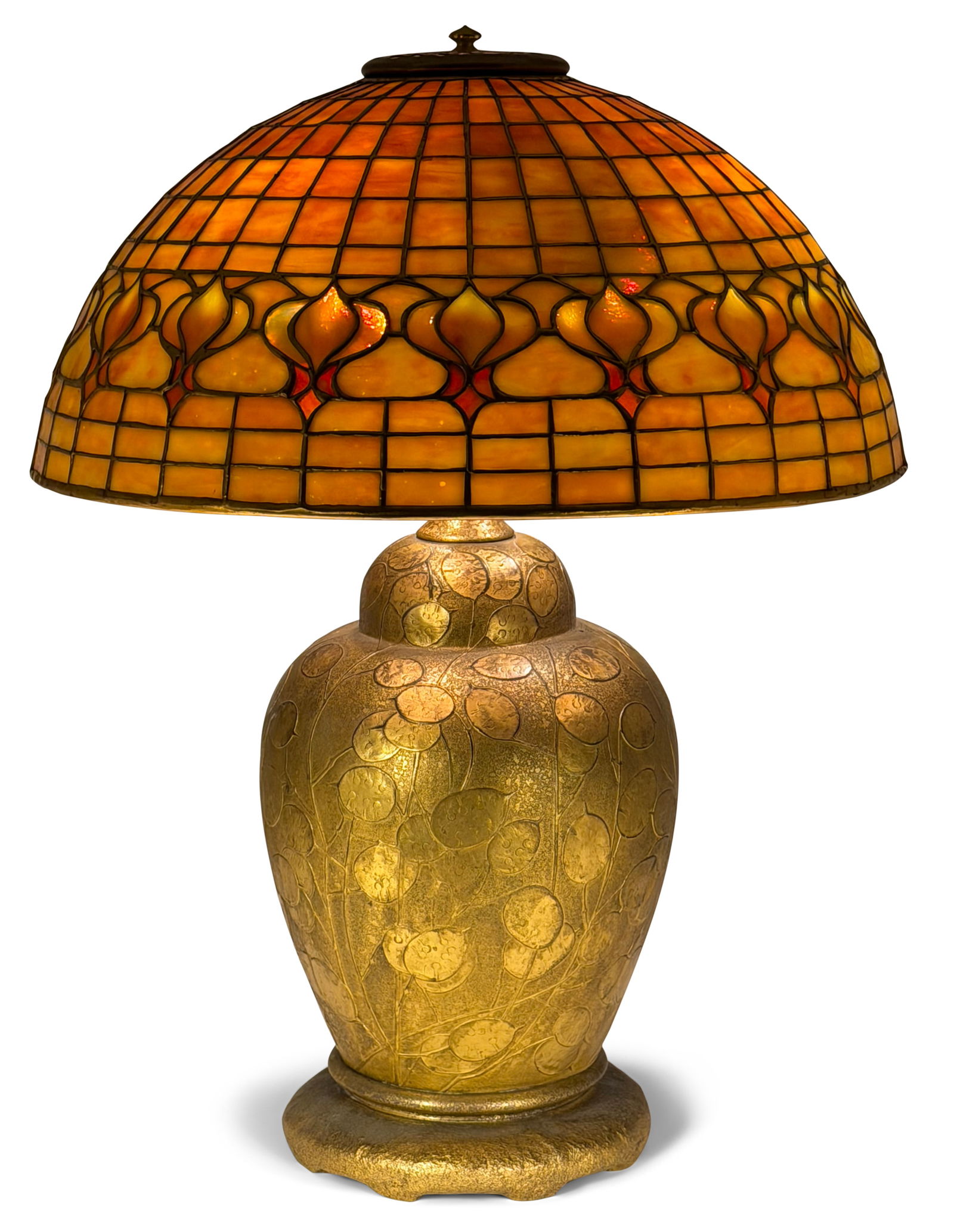 Tiffany Studios Dichroic "Pomegranate" Table Lamp: Tiffany StudiosDichroic "Pomegranate" Table Lampcirca 1910with a "Silver Dollar" baseleaded glass, gilt bronzeshade impressed "Tiffany Studios, New York, 1457"base impressed "Tiffany Studios, New York