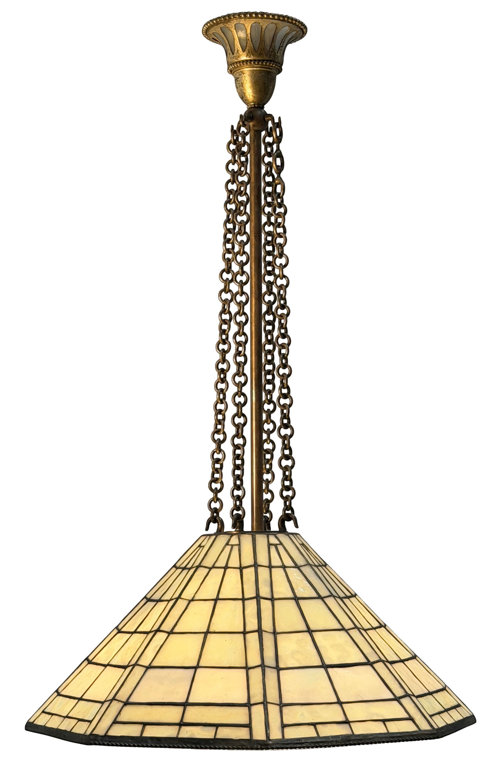 Tiffany Studios "Geometric" Chandelier: Tiffany Studios "Geometric" Chandelier circa 1905 leaded glass, bronze shade impressed "Tiffany Studios, New York" 39 x 21 inches Provenance: Property from a Northeast Collector